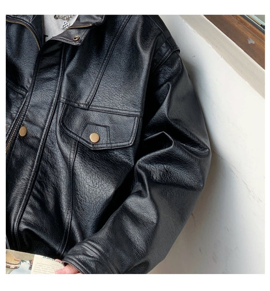 Lychee grain vintage motorcycle leather men loose Korean version short standing collar jacket Instagram trend locomotive
